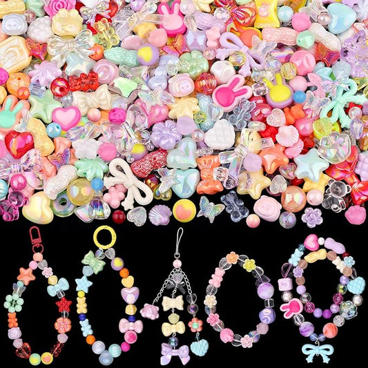 200-260pcs tinkrstuff assorted acrylic beads mixed colors cute beads for bracelet making, bow aesthetic gummybear flower butterfly kawaii charms for jewelry making diy necklace keychain phone charm
