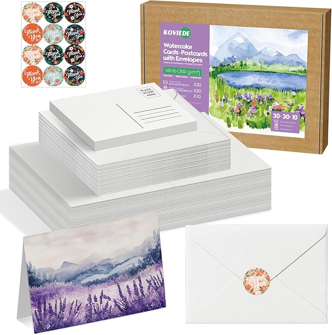 30 Pack Blank Foldable Watercolor Cards with Envelopes 5"x7", 10 Sheets Watercolor Postcards, 140lb/300gsm Heavyweight 100% Cotton Cards for Painting, Greeting, Birthday Valentine