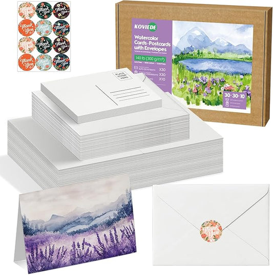 30 Pack Blank Foldable Watercolor Cards with Envelopes 5"x7", 10 Sheets Watercolor Postcards, 140lb/300gsm Heavyweight 100% Cotton Cards for Painting, Greeting, Birthday Valentine
