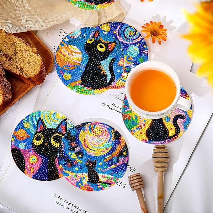 10 PCS Diamond Art Coasters Kit, Small Diamond Painting Coasters, Fall Diamond Art Kits for Adults Beginners, Arts and Crafts Supplies Item Sets with Holder Black Cat