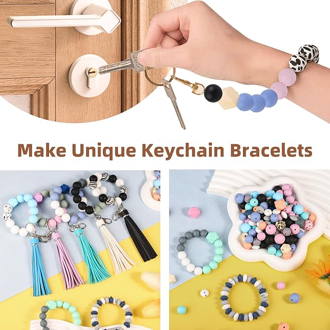 CZWZ 141pcs Silicone Beads for Keychain Making Kit 15mm 12mm Round 14mm Polygonal Silicone Loose Beads Bulk for Pens Bracelet Necklace Crafts Making