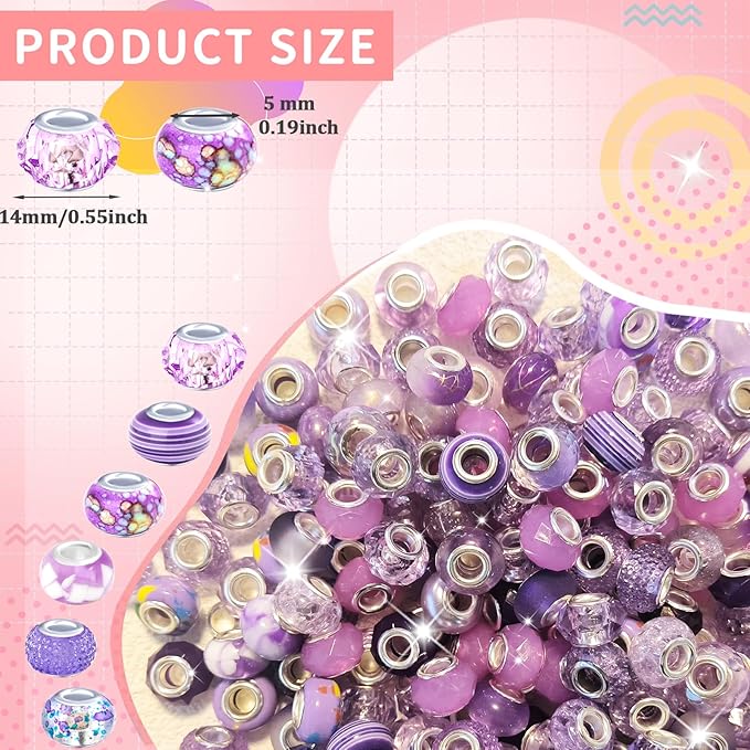 Large Hole Purple European Beads - 100 Assorted Pieces for Pens, Fairy Wand, Garden, Lampwork, Craft, Spacer, DIY Charms, Bracelet, Necklace Decoration, Jewelry Making Supplies