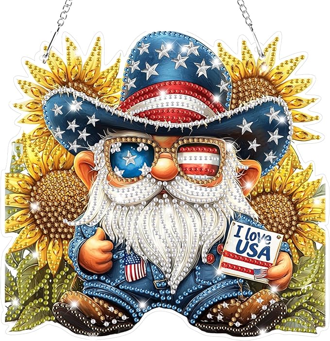 Bowetile Independence Day 5D Diamond Art Hanging Gnome Kits for Adults, 4th of July Diamond Painting Sunflowers Window Pendant Kits, Special Shape Gem Art Suncatcher Ornament for Home Wall Decor