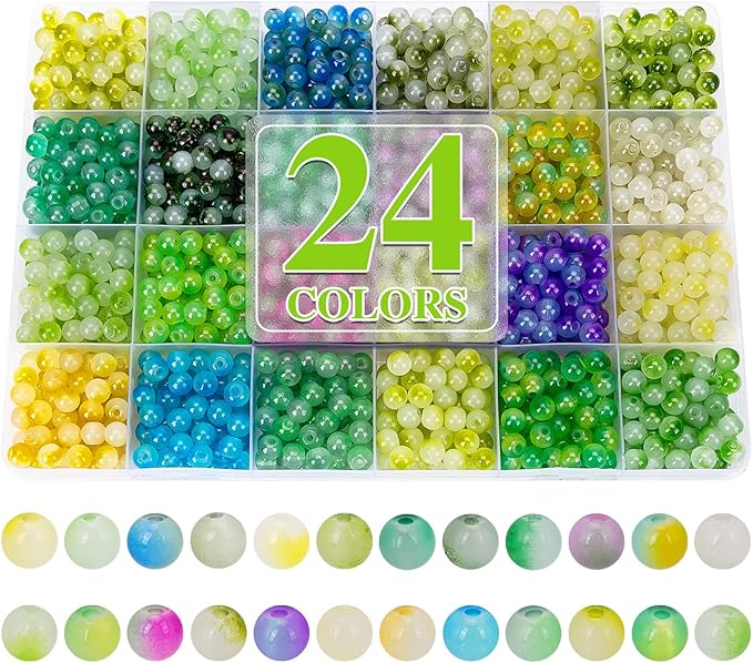 XSEINO About 1200+ pcs 6mm Glass Beads Bracelet Making Kit, 24 Assorted Green Bi-Color Fusion Series Crystal Beads for Jewelry Making, DIY Crafts, Friendship Bracelets