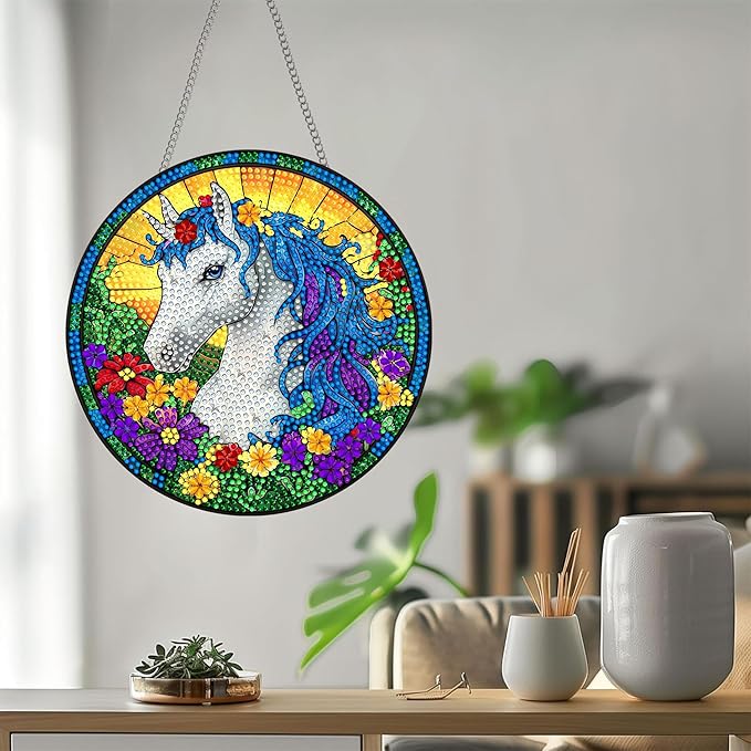 Bimkole Horse Diamond Art Hanging Kit for Adult, DIY 5D Diamond Art Flower Window Pendant, Acrylic Crystal Art Hanging Ornament Home Wall Garden Front Door Sign Outdoor Decor 7.8x7.8 Inch