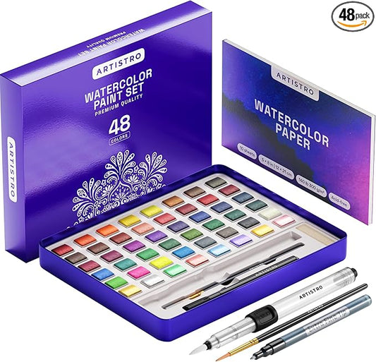 ARTISTRO 48 Color Watercolor Paint Set - Portable Paint Art Kit with Palette and Brush Pens - Travel Water Color Set for Adults, Professionals, Kids - Art and Painting Supplies - Gift Idea