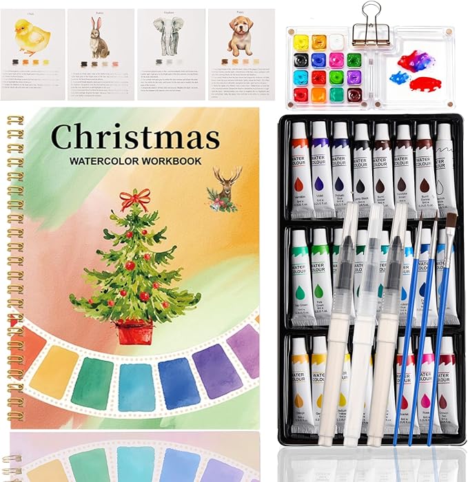 Watercolor Workbook, Water Coloring Book, 24 Colors Watercolor Paint Set with Palette and Brush, 12 Different Patterns of Original DIY Designs, Beginner-Friendly Watercolor Workbook (Christmas)
