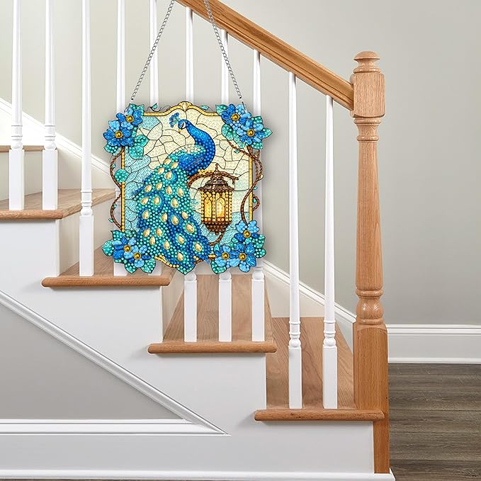 Pavemlo Hanging Diamond Art Kits for Adults Peacock Animal – 8x8 Inch Double-Sided Acrylic Board DIY Crystal Diamond Suncatcher Pendant, Sparkling Home Wall or Window Decoration Handmade Gift