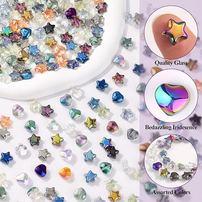 200PCS 10MM Glass Star Beads Bedazzling Irisedent Glass Beads,Crystal Star Beads Heart Beads,Eletroplated Mixed Colors Cute Bead for Necklace Bracelet Jewelry Making, Spacer Bead for Crafting & DIY