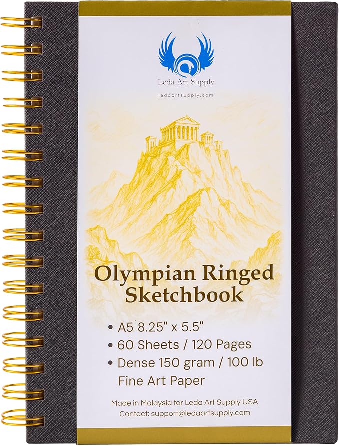 Olympian Ringed Sketchbook, A5 Size 5.5 x 8.25 inches, Gold Metal Ring Binding Lays Flat, 60 Sheets, 150 GSM Fine Art Paper for Artists, Ideal for Pencil, Ink, Watercolor, Leda Art Supply (Pack 1)