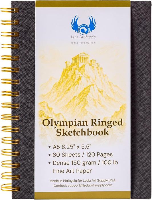 Olympian Ringed Sketchbook, A5 Size 5.5 x 8.25 inches, Gold Metal Ring Binding Lays Flat, 60 Sheets, 150 GSM Fine Art Paper for Artists, Ideal for Pencil, Ink, Watercolor, Leda Art Supply (Pack 1)