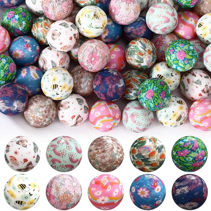 Ferreve 60 Pcs 15mm Silicone Beads Bulk Spring Ditsy Floral Print Round Focal Beads Rubber DIY Silicone Loose Bead for Bracelet Making Kit for Keychain Pens Necklace Bracelets Jewelry Making