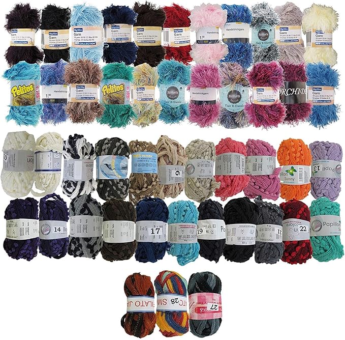 JubieeYarn Feather Whimsy Eyelash Yarn - 50g/Skein Fine Polyester Fur - Combo Pom Pom Variety Pack - 12 Skeins