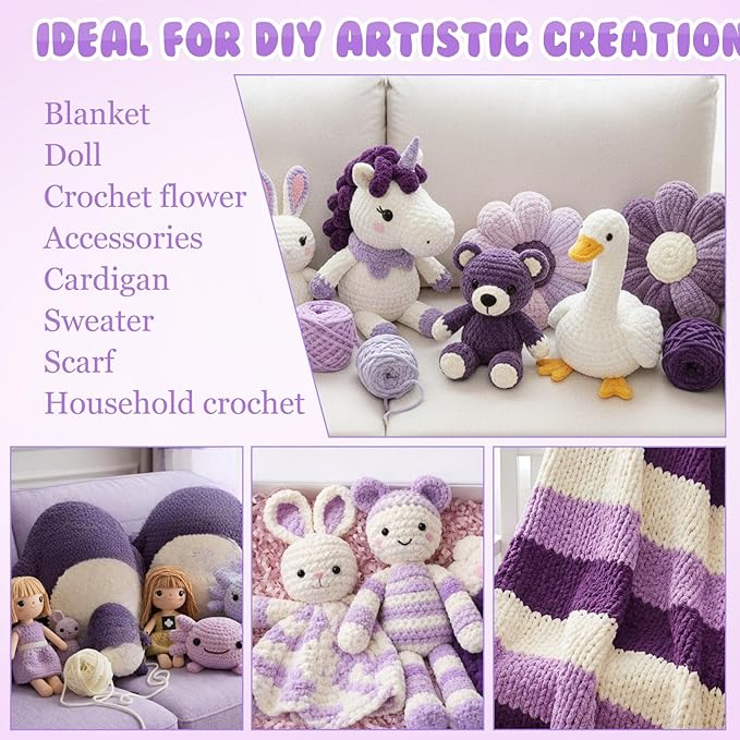 Buryeah 8 Pack Chunky Chenille Yarn for Crocheting Soft Thick Fluffy Yarn for Hand Knitting Bulky Velvet Blanket Plush for Weaving DIY Crafts Each 3.5 oz 55 Yards (Purple Series)