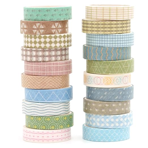 20 Rolls Basic Washi Tape Set Japanese Arts Adhesive Tapes Simple Patterns Decorative Masking Tape Sets for Craft, Kids, Scrapbook, DIY, Gift Wrapping (Style Four)