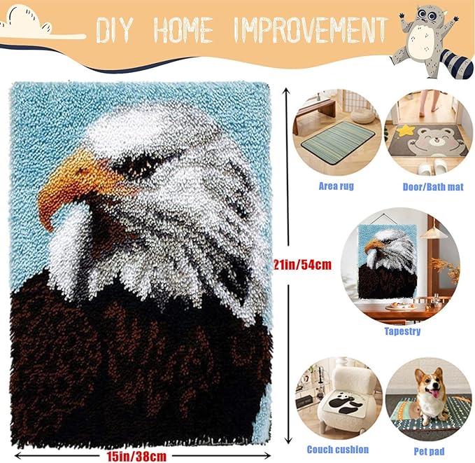 EMISTEM Latch Hook Kits for Adults - DIY Latch Hook Rug Kits, Crochet Kit for Beginners, Rug Making Kits with Printed Canvas, Gift Packaging. (Bald Eagle,15x21)