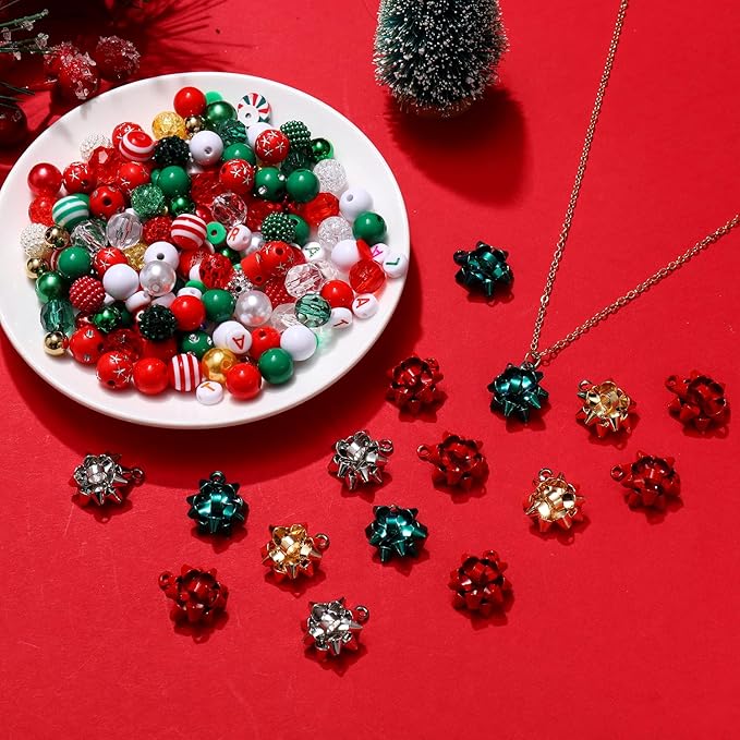 NVENF 600PCS+ Christmas Beads Charms for Jewelry Making, Metallic Christmas Bow Charms, Red Green Clay Beads, Assorted Rhinestone CCB Beads Gold Spacer Beads for DIY Bracelet Necklace Crafts