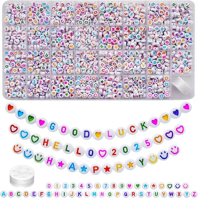 1600pcs Colorful Letter, Star, Heart, Number, Smiley Face Beads and Elastic String 7x4mm Alphabet Beads 31 Styles for Jewelry Making