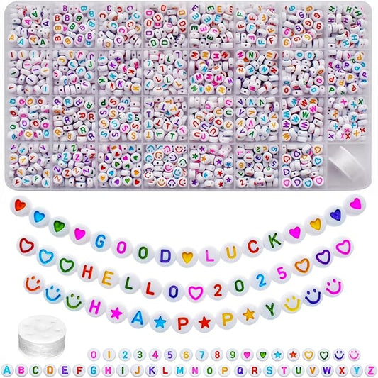 1600pcs Colorful Letter, Star, Heart, Number, Smiley Face Beads and Elastic String 7x4mm Alphabet Beads 31 Styles for Jewelry Making