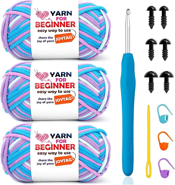 3 Pack Rainbow Beginner Crochet Yarn for Crocheting and Knitting Multicolor Cotton Crochet Yarn for Beginners(Blue Pink Purple)
