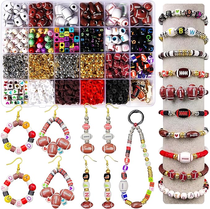 1800+PCS Football Beads Jewelry Making Kit – Acrylic & Polymer Clay Sports Charms, Heishi & Spacer Beads, Letter/Number Beads – DIY Football Bracelets, Necklaces, Keychains, Lanyards Sport Fan Crafts