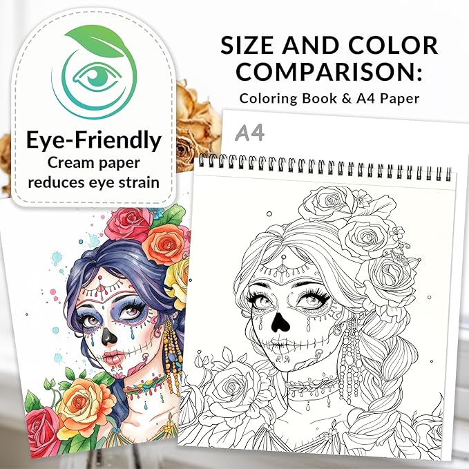 FUN LAVIE Sugar Skull Coloring Book for Adults – Elegant Floral Sugar Skull Lady Designs for Women Mindfulness, Stress Relief & Relaxation, Spiral Bound, Perfect Day of the Dead Art Gift