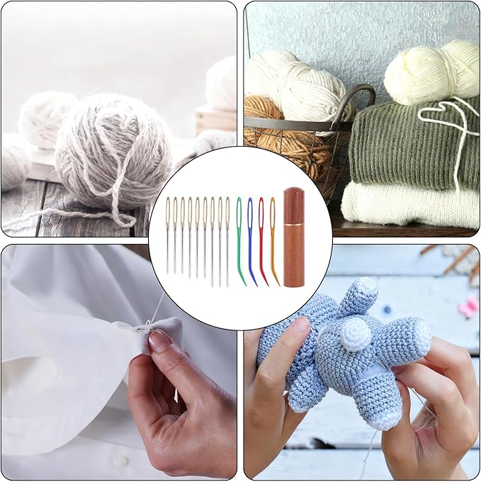 13pcs Large Eye Sewing Needles Kit, Stainless Steel Blunt & Bent Tapestry Needles with Wooden Case for Weaving Crochet Darning Yarn & Embroidery Knitting Crafts Projects Supplies Accessories