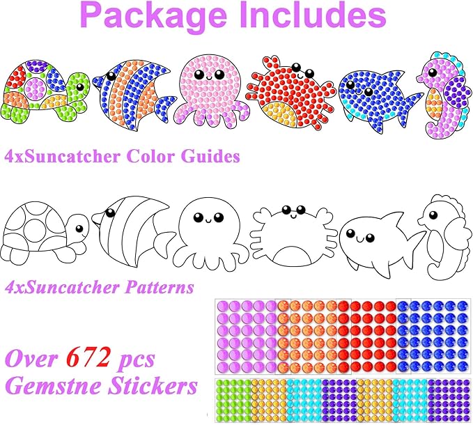 Qyeahkj 6pcs Summer Arts and Crafts Kits for Kids Sea Animal Under The Sea Craft Activities Suncatcher Kit Bulk for Girl Boy at 4-12 DIY Fun Diamond Painting Seahorse Easy Craft Ages 4 5 6 8 10 12