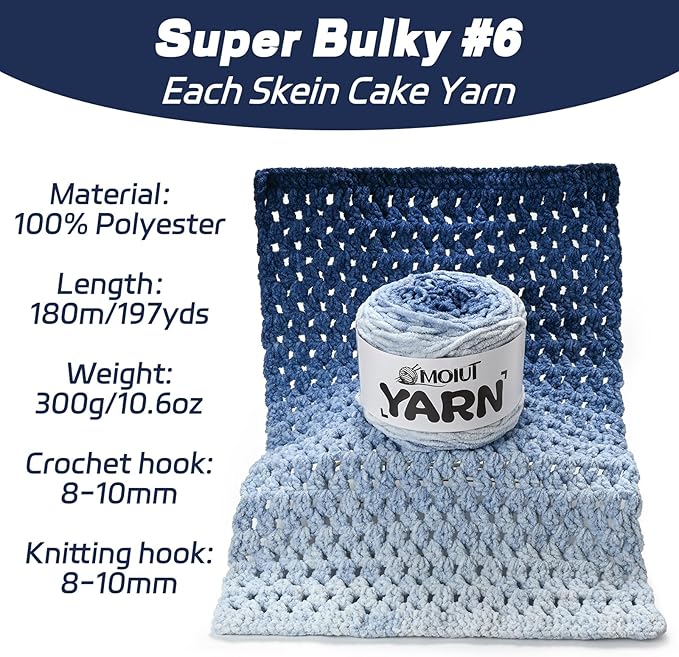 Blanket Perfect Ombre Cake Yarn - Baby Yarn for Crocheting Soft - 3 Pack of 10.6oz/300g - #6 Super Bulky - 197 Yards for Knitting, Crafts & Amigurumi, Chunky Chenille Yarn(3 Gray Blue)