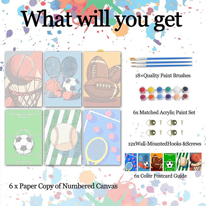 Aihonmin Balls 6 Pack Paint by Numbers for Adults Beginner Basketball and Soccer Oil Painting Kits on Canvas with Brushes and Acrylic Painting Crafts DIY Home Wall Decor 8x11.8 Inch (Frameless)