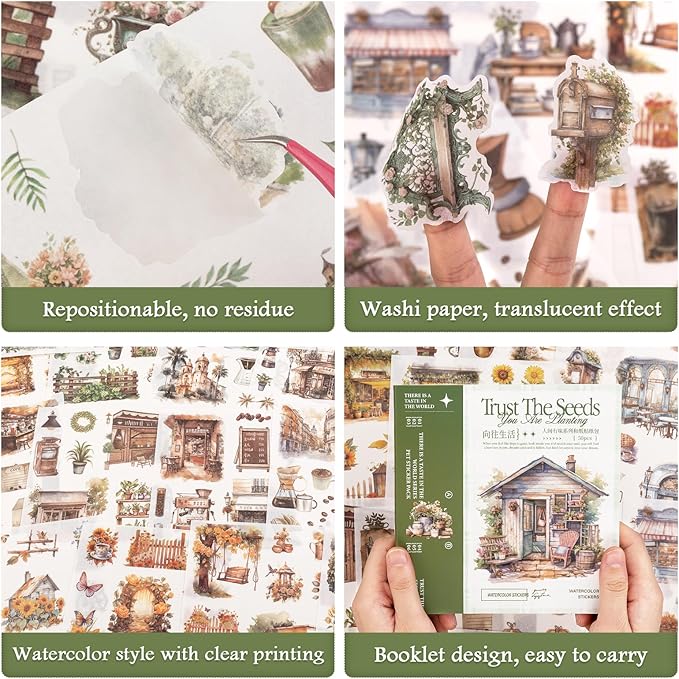 RISYPISY Pre-Cut Garden Washi Sticker for Journaling 50 Sheet Nature Scrapbooking Stickers Ephemera for Junk Journal Supplies 368PCS Scrapbooking Supplies for Bujo Planner Collage Crafts