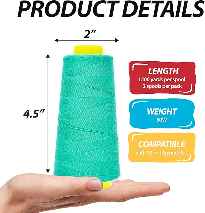 Mandala Crafts Turquoise Thread Cones for Machine and Hand Quilting - 2400 Yds 50 WT Multiple Purpose Mercerized 100% Cotton Threads for Sewing Machine Serger Embroidery
