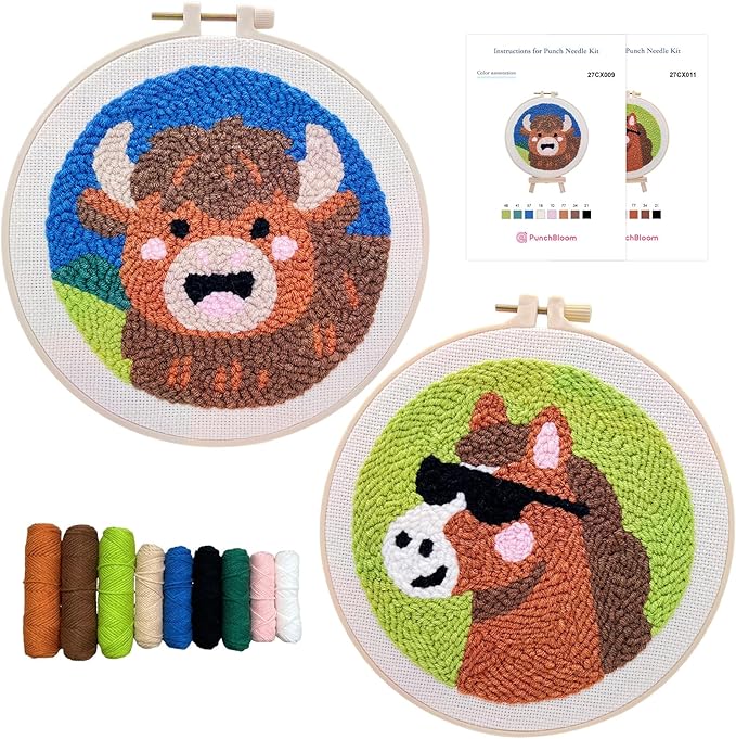 Punch Needle Kit for Adult Beginner, 2-Pack Horse & Highland Cow Punch Embroidery Starter Set with Instructions – Yarn Needle Punch Craft for Xmas Gift Idea & Home Wall Decor