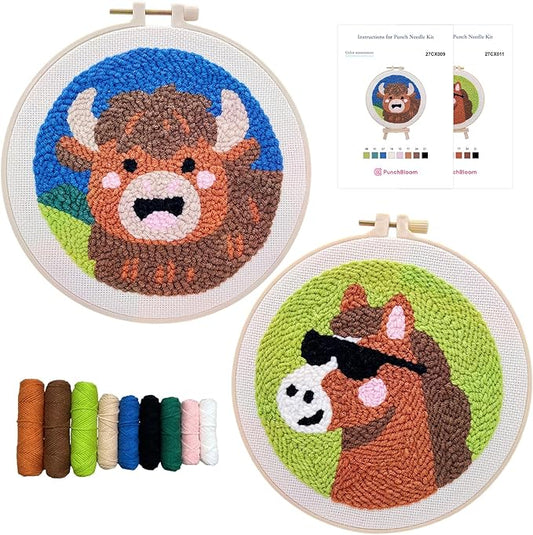 Punch Needle Kit for Adult Beginner, 2-Pack Horse & Highland Cow Punch Embroidery Starter Set with Instructions – Yarn Needle Punch Craft for Xmas Gift Idea & Home Wall Decor