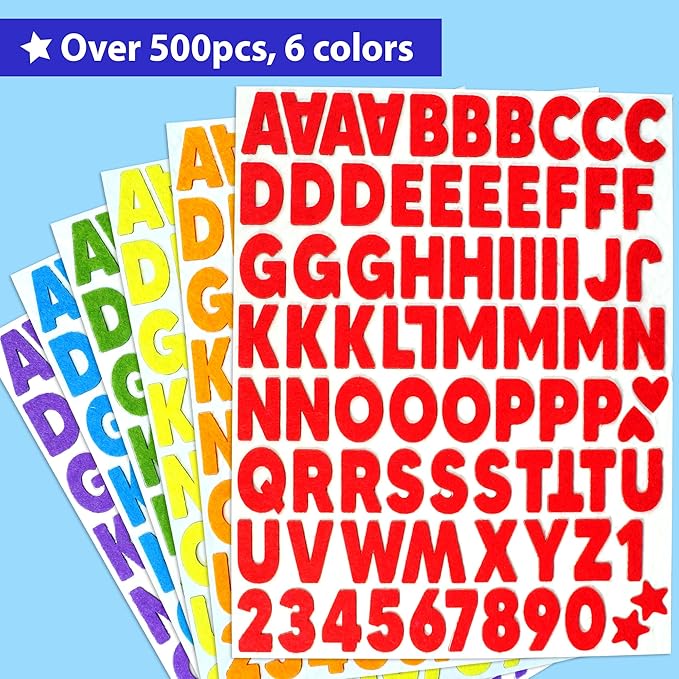 krafun 500+ felt stickers for toddlers & kids - self-adhesive alphabet letters, numbers & shapes - no-mess diy scrapbook arts and crafts supplies - educational learning activity gift for ages 3+