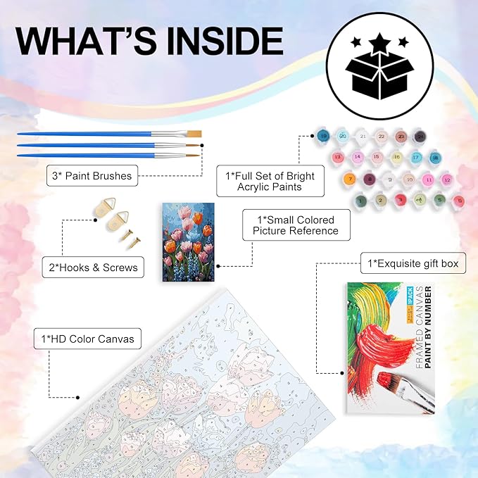 Yezavesu Framed Paint by Numbers Kit for Adults Beginner & Kids Ages 8-12, Easy Flower Paint by Numbers with Frame, DIY Number Painting for Adults Colorful Flowers for Home Wall Decor Gift 8X 12 inch