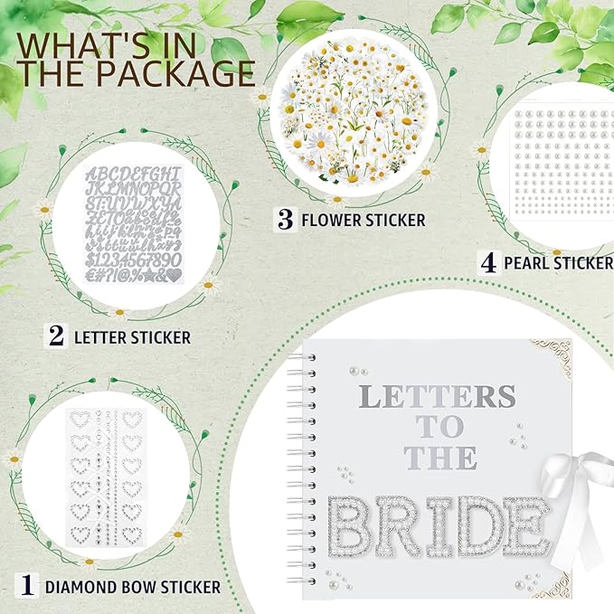 HOETEK 8 x 8 Inch Letters to The Bride Scrapbook, Wedding Memory Book, Bridal DIY Blank Paper Scrapbook, Photo Album Guest Book Sign with Pearl&Flower Stickers, Metallic Letters, Gems Bows