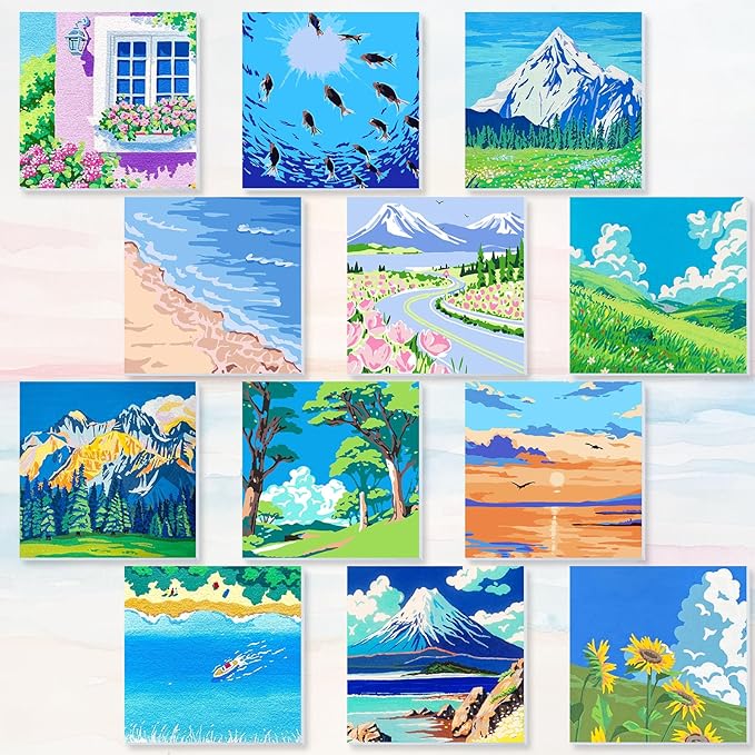 Nezyo 12 Sets Paint by Numbers Kit with Frame for Adult Beginners, Paint by Number DIY Acrylic Painting Canvas for Painting Party, Classroom Activity Birthday Gift, 8 x 8 Inch(Scenery)