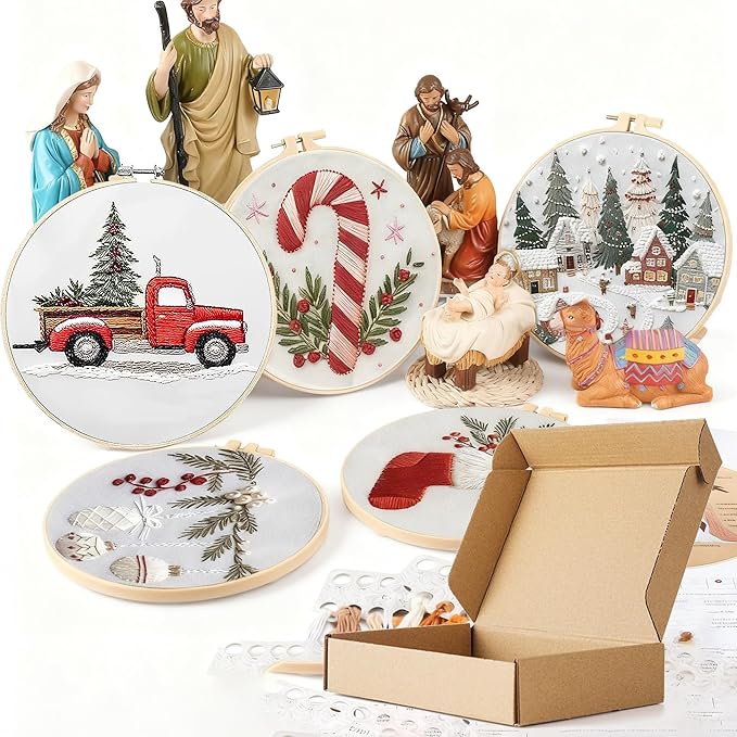 QBQBQ 4 Sets Christmas Embroidery Kit for Beginners, Embroidery Kits for Adults, Cross Stitch Kits for Beginners with Pattern, Needles, Threads, Bamboo Hoops, Tools