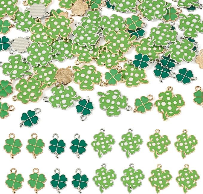 Cheriswelry 60Pcs Green Clover Charms Shamrock Four Leaf Lucky Pendants St. Patrick's Day Enamel Alloy Pendants 18-26mm for DIY Necklace Bracelet Earring Jewelry Crafts