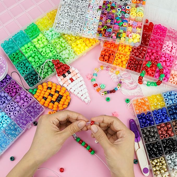 5 Boxes Bracelet Making Kit Pony Beads, 96 Colors 6x9mm 3500Pcs Kandi Rave Beads for Bracelets Friendship Plastic Bead with 800Pcs Letter Bead Arts and Crafts for Kids Adults Keychain Jewelry Making