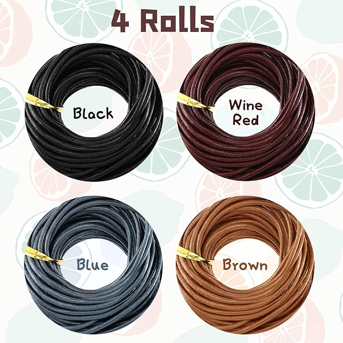 WILLBOND 24 Meters Round Leather Cord for Jewelry Making, 4 Pcs 2 mm Wide Leather Jewelry Ropes, 4 Colors for Necklace Bracelet Making Kit (Black, Wine Red, Light Grey, Brown)