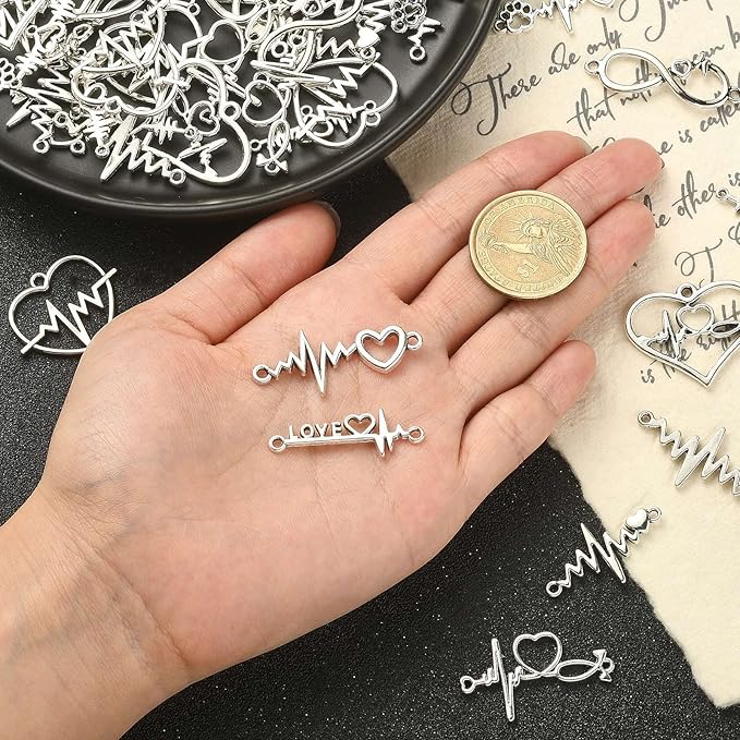 DanLingJewelry 80Pcs 8 Styles Electrocardiogram Charms Mini Heartbeat Linking Connectors Tibetan Heartbeat Charms for Jewelry Making