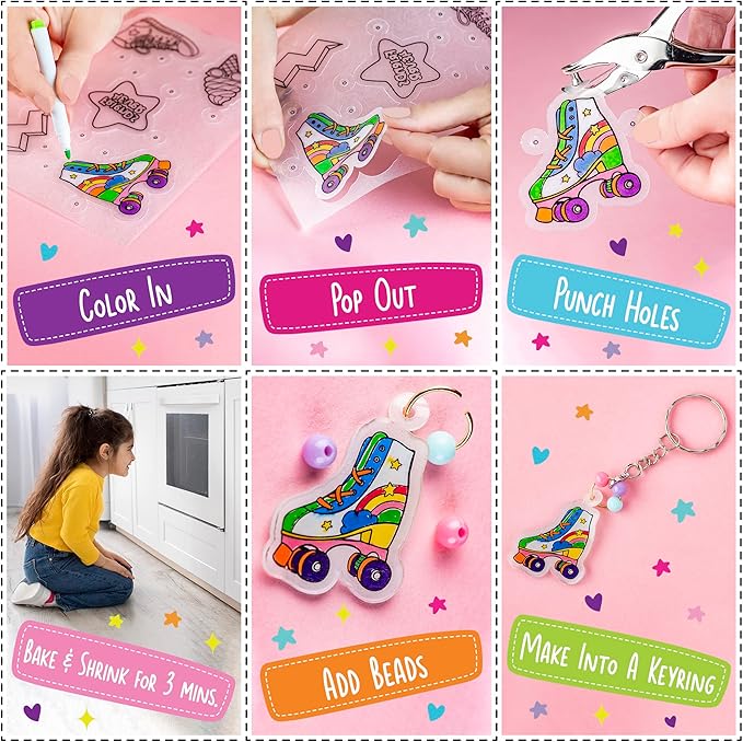 GirlZone Shrink Craft Kit - Pre-Designed Shrink Plastic Sheets & Chalk Pens - DIY Keychain Making Kit & Fridge Magnet Crafts - Screen-Free Kid Art Activity - Ages 8-12, Pre-Designed