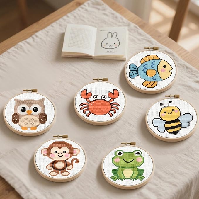 57lilina Cross Stitch Kits for Kids - 6 Set Easy Beginners Embroidery Kit for Kids, DIY Cute Pre Printed Stamped Crossstitch Needlepoint Patterns Craft for Backpack Charms, Keychains & Girls Gifts