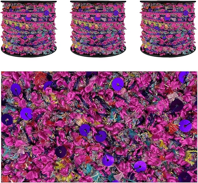 Artisanal Yarn Collection Multifiber Fancy Yarn with Purple Sequins for Knitting Crocheting Crafts DIY, Set of 3 Rolls (Fuchsia with Purple Sequins)