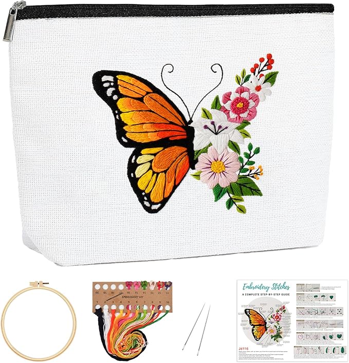 Louise Maelys Embroidery Kit Canvas Makeup Bag for Beginners,Cross Stitch Kits for Adults,DIY Needlepoint-Butterfly and Floral Pattern