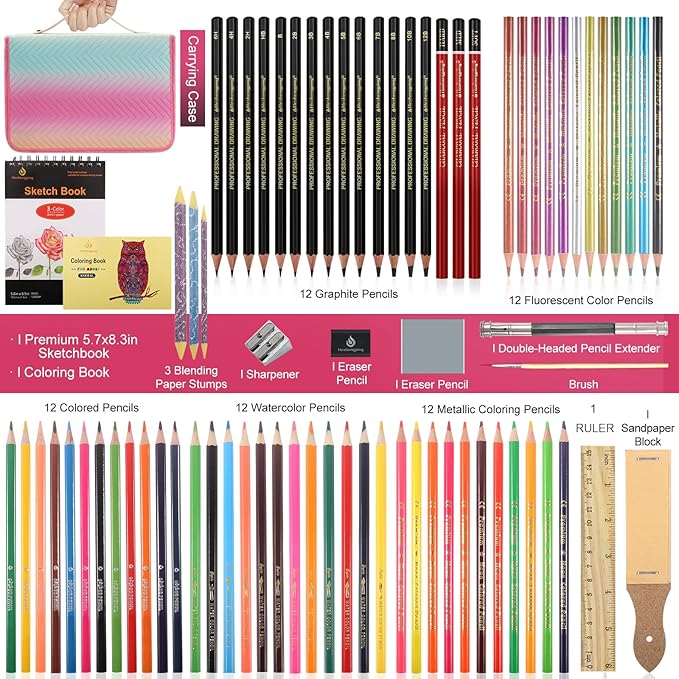 78pcs Drawing Kit Sketching Set Art Supplies with 3-Color Sketchbook Colorful Portable Case Colored Graphite Charcoal Watercolor Mettallic Pencil sketch draw gift set for Artist Adult Beginner