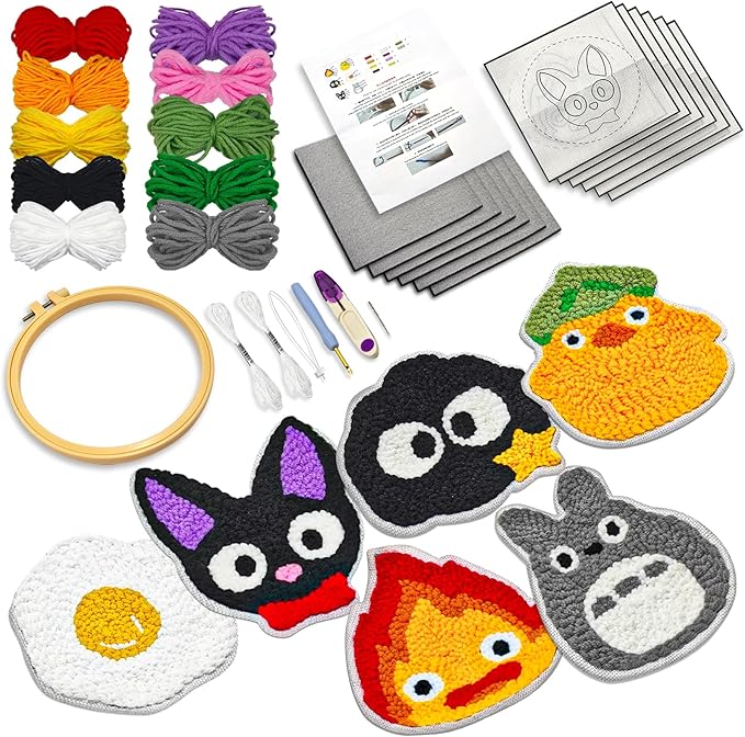 PUNICA Punch Needle Kit for Beginners, Kids & Adults Coaster Set of 6, Easy DIY Embroidery Set Starter Craft Gift with Cute Cartoon Decoration