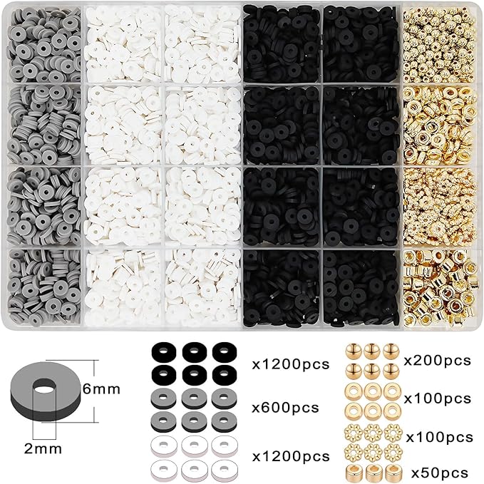 MIIIM Black and White Clay Bead Bracelet Kit, Heishi Beads, Flat Beads and Gold Spacer Beads for Jewelry Making, Friendship Bracelet Beads Kit for Crafts, Concert, Raves, Gifts